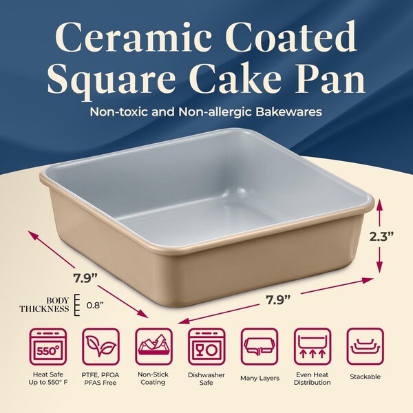 Bakken-Swiss Square Cake Pan, Aluminized Steel, Ceramic Non-Stick, Non-Toxic, Heavy-Duty, Durable, Stylish - SBKCRSTBKGLDPAN