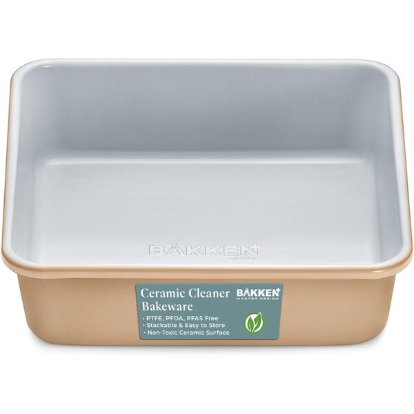 Bakken-Swiss Square Cake Pan, Aluminized Steel, Ceramic Non-Stick, Non-Toxic, Heavy-Duty, Durable, Stylish - SBKCRSTBKGLDPAN