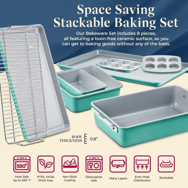 Bakken-Swiss Bakken 8-Piece Stackable Bakeware Set, Ceramic Non-Stick, PTFE, PFOA and PFOS Free, Oven-Safe - BKCRSTBKTEL