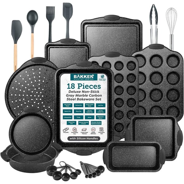 Bakken-Swiss 18-Piece Baking Set, Nonstick Gray Marble, Carbon Steel, Silicone Handles, PFOA-Free, Dishwasher Safe - BKBSGRYMAR18