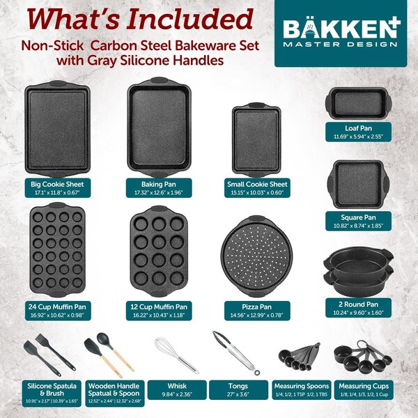 Bakken-Swiss 18-Piece Baking Set, Nonstick Gray Marble, Carbon Steel, Silicone Handles, PFOA-Free, Dishwasher Safe - BKBSGRYMAR18