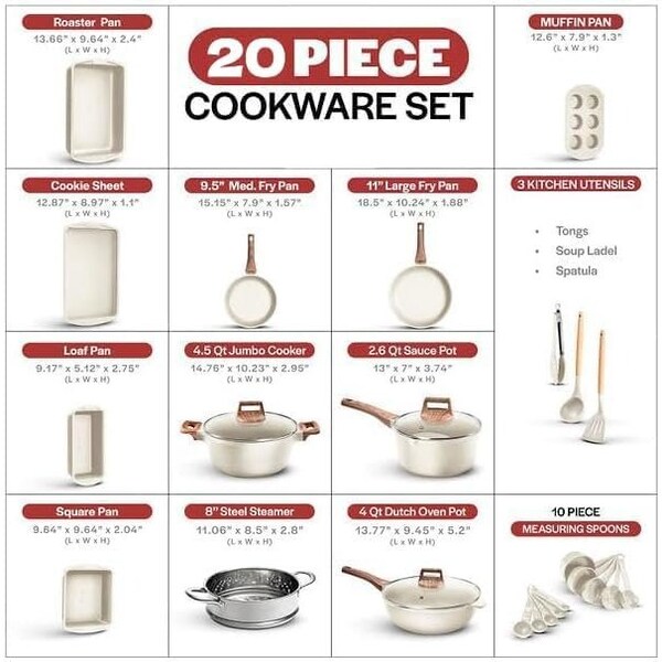Bakken-Swiss 20-Piece Cookware Set, Granite Non-Stick, Eco-Friendly, Oven-Safe, All Stoves - BKCAS20CRM