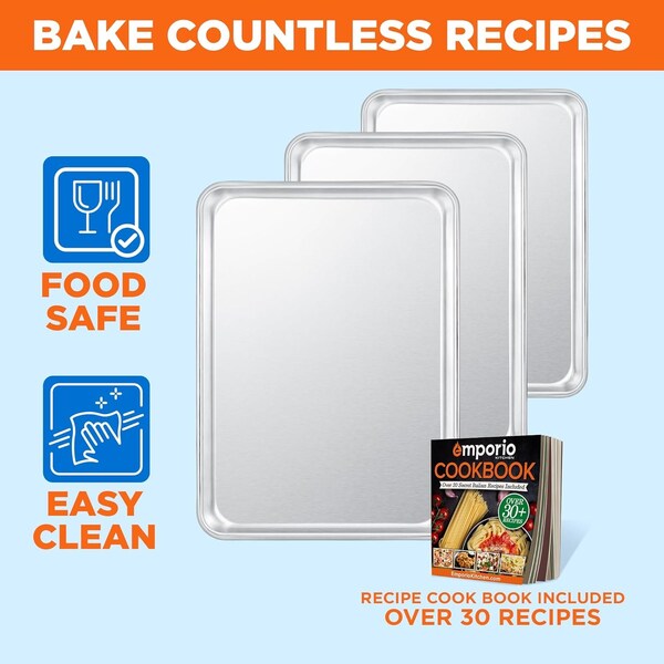 Emporio Kitchen Baking Pan Set, Small, Medium, and Large Aluminum Cookie Sheet Pan, 9x13, 10.5x15, 13x18 - EMPKSST133X