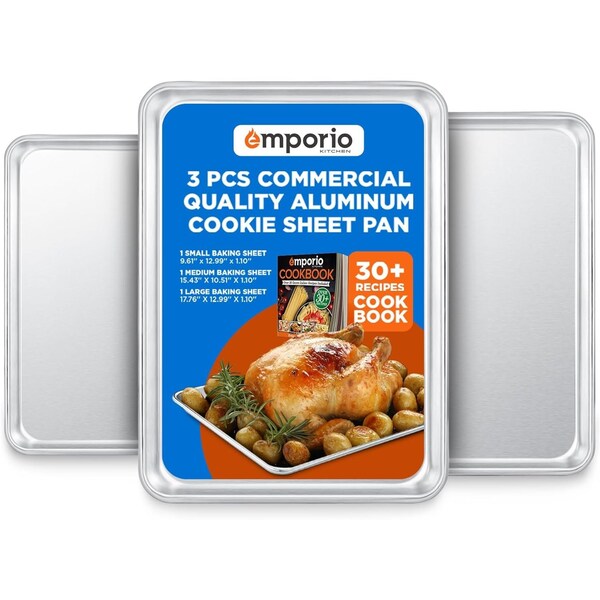 Emporio Kitchen Baking Pan Set, Small, Medium, and Large Aluminum Cookie Sheet Pan, 9x13, 10.5x15, 13x18 - EMPKSST133X