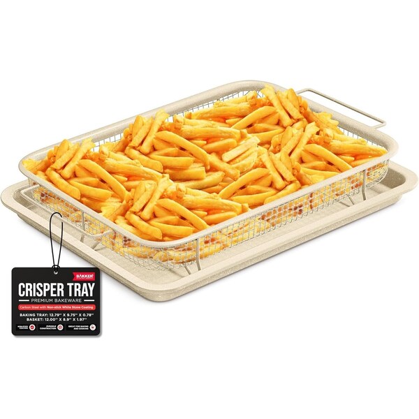 Bakken-Swiss 2-Piece Crisper Tray, White Marble Non-Stick, Basket Design for Crispy Chips and Bacon - BAKCRIPWH