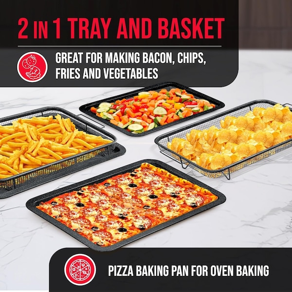 Bakken-Swiss 2-Piece Crisper Tray, White Marble Non-Stick, Basket Design for Crispy Chips and Bacon - BAKCRIPWH