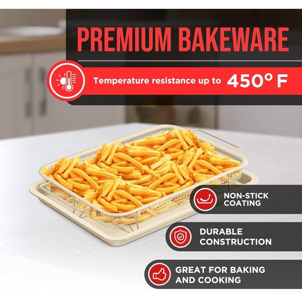 Bakken-Swiss 2-Piece Crisper Tray, White Marble Non-Stick, Basket Design for Crispy Chips and Bacon - BAKCRIPWH