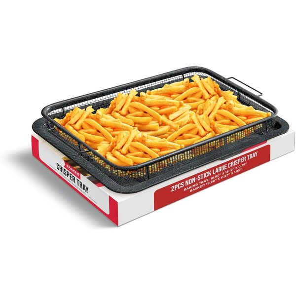 Bakken-Swiss 2-Piece Crisper Tray, Gray Marble, Non-Stick, XL 19inx13in, for Crispy Food and Bacon - BAKCRIPL16