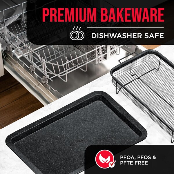 Bakken-Swiss 2-Piece Crisper Tray, Gray Marble, Non-Stick, XL 19inx13in, for Crispy Food and Bacon - BAKCRIPL16