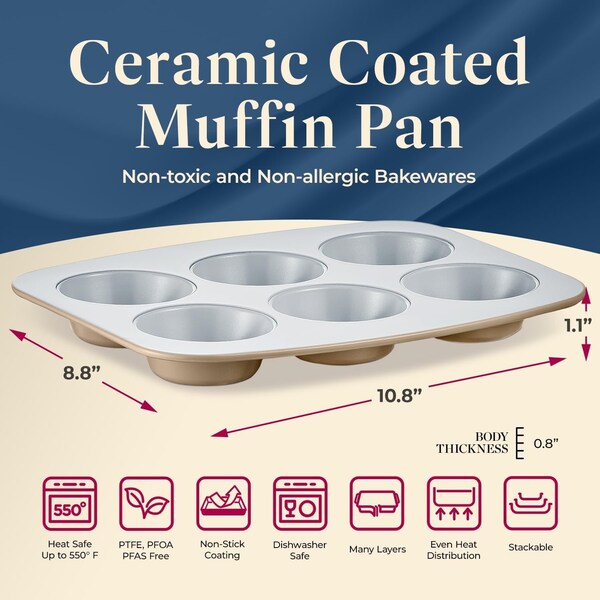 Bakken-Swiss 6-Cup Cake/Muffin Pan Set, Blue, Teal, Marble, Golden, Cream, Aluminized Steel, Non-Toxic, Heavy - SBKCRSTBKGLDMUF