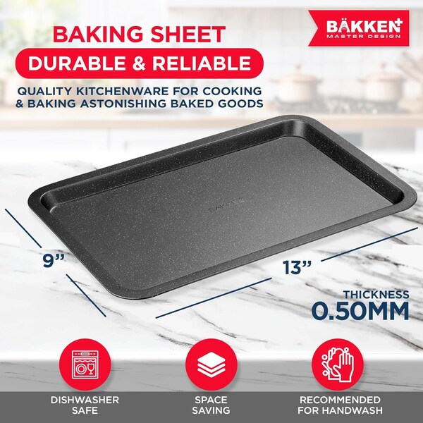 Bakken- Swiss BAKKEN Kitchen Nonstick Cookie Sheet, 13.18in. x 8.66in., PFOA-Free, Oven Safe, 450 DegF, Gray Marble - BAKBK1XG57