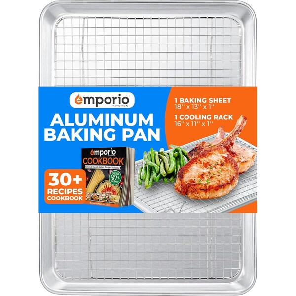 Emporio Kitchen Baking Pan Set, 13in. x 18in. Aluminum Baking Pan with Stainless Steel Cooling Rack Set - EMPKSST13