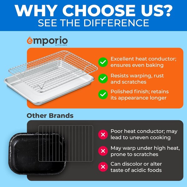 Emporio Kitchen Baking Pan Set, 13in. x 18in. Aluminum Baking Pan with Stainless Steel Cooling Rack Set - EMPKSST13