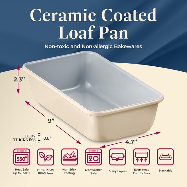 Bakken-Swiss Premium Loaf Pan, Aluminized Steel, Ceramic Non-Stick, PFOA PFAS Free, 9x4.7x2.3in, Durable - SBKCRSTBKCRMLOF