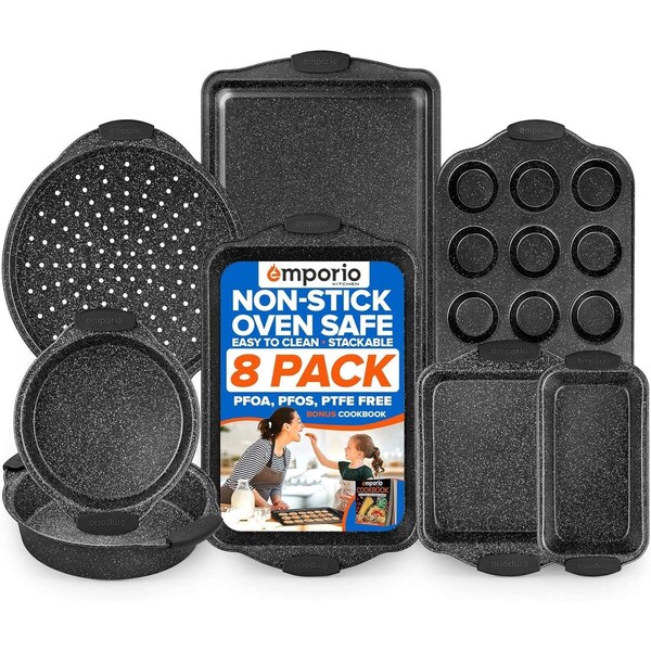 Emporio Kitchen Baking Pan Set, Oven Safe Tray, Up To 450 Deg F, Gray, 8PK - EMPKSTON80