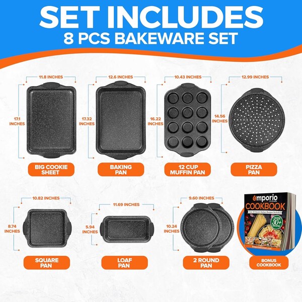 Emporio Kitchen Baking Pan Set, Oven Safe Tray, Up To 450 Deg F, Gray, 8PK - EMPKSTON80