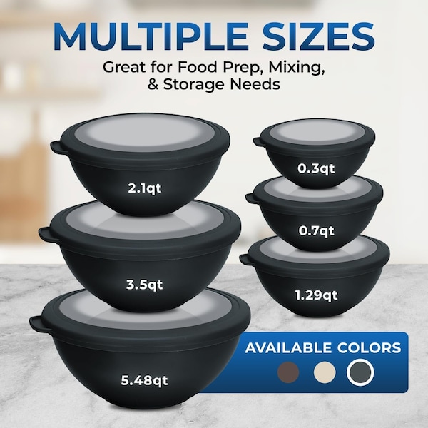 Bakkenmaster Bakken Master 12 Piece Plastic Nesting Bowls with Lids, Mixing Bowls Set includes 6 Prep Bowls - BKMX12GRY33
