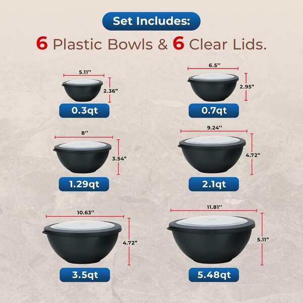 Bakkenmaster Bakken Master 12 Piece Plastic Nesting Bowls with Lids, Mixing Bowls Set includes 6 Prep Bowls - BKMX12GRY33