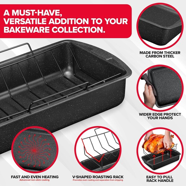 Bakken- Swiss BAKKEN 17x13in. Nonstick Roasting Pan with Rack, Carbon Steel, Oven Safe, 450 DegF, Gray Marble - BKTURKYP4