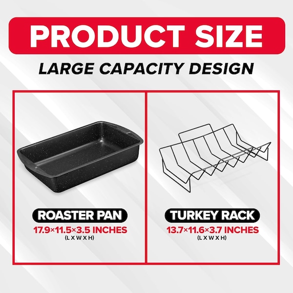 Bakken- Swiss BAKKEN 17x13in. Nonstick Roasting Pan with Rack, Carbon Steel, Oven Safe, 450 DegF, Gray Marble - BKTURKYP4