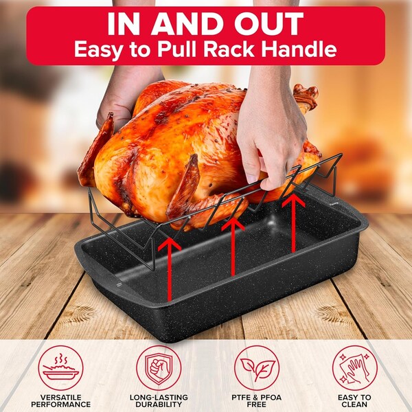 Bakken- Swiss BAKKEN 17x13in. Nonstick Roasting Pan with Rack, Carbon Steel, Oven Safe, 450 DegF, Gray Marble - BKTURKYP4