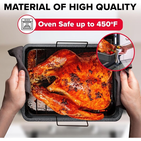 Bakken- Swiss BAKKEN 17x13in. Nonstick Roasting Pan with Rack, Carbon Steel, Oven Safe, 450 DegF, Gray Marble - BKTURKYP4
