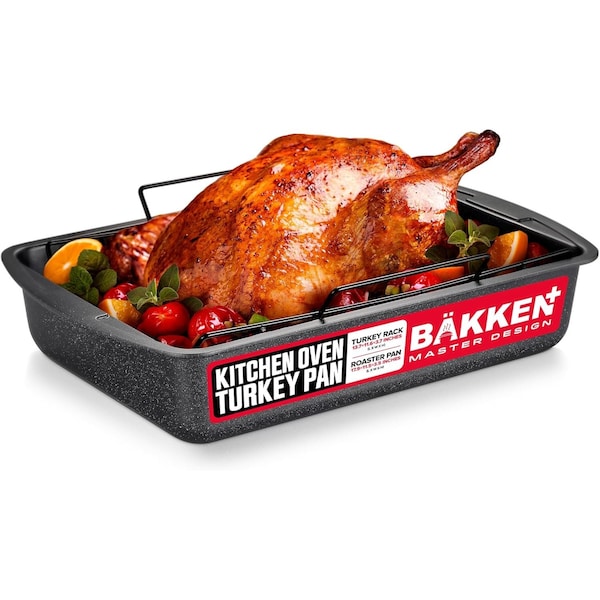 Bakken- Swiss BAKKEN 17x13in. Nonstick Roasting Pan with Rack, Carbon Steel, Oven Safe, 450 DegF, Gray Marble - BKTURKYP4