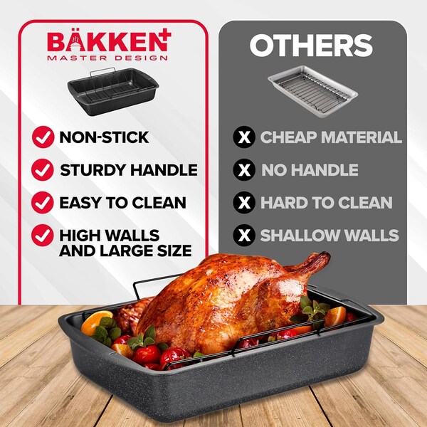 Bakken- Swiss BAKKEN 17x13in. Nonstick Roasting Pan with Rack, Carbon Steel, Oven Safe, 450 DegF, Gray Marble - BKTURKYP4