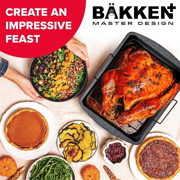 Bakken- Swiss BAKKEN 17x13in. Nonstick Roasting Pan with Rack, Carbon Steel, Oven Safe, 450 DegF, Gray Marble - BKTURKYP4