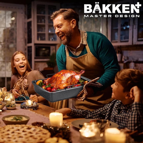 Bakken- Swiss BAKKEN 17x13in. Nonstick Roasting Pan with Rack, Carbon Steel, Oven Safe, 450 DegF, Gray Marble - BKTURKYP4