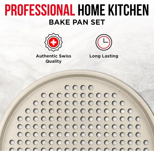 Bakken- Swiss BAKKEN Pizza Pan, Round Perforated, Nonstick Marble Coating, Dishwasher Safe, White, 2PK - BAKPIZWHT32