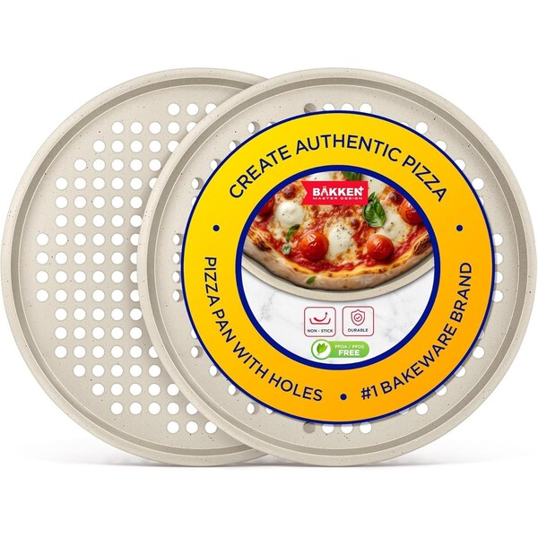 Bakken- Swiss BAKKEN Pizza Pan, Round Perforated, Nonstick Marble Coating, Dishwasher Safe, White, 2PK - BAKPIZWHT32