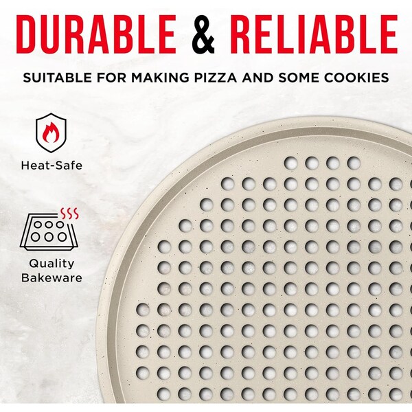 Bakken- Swiss BAKKEN Pizza Pan, Round Perforated, Nonstick Marble Coating, Dishwasher Safe, White, 2PK - BAKPIZWHT32