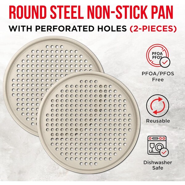 Bakken- Swiss BAKKEN Pizza Pan, Round Perforated, Nonstick Marble Coating, Dishwasher Safe, White, 2PK - BAKPIZWHT32