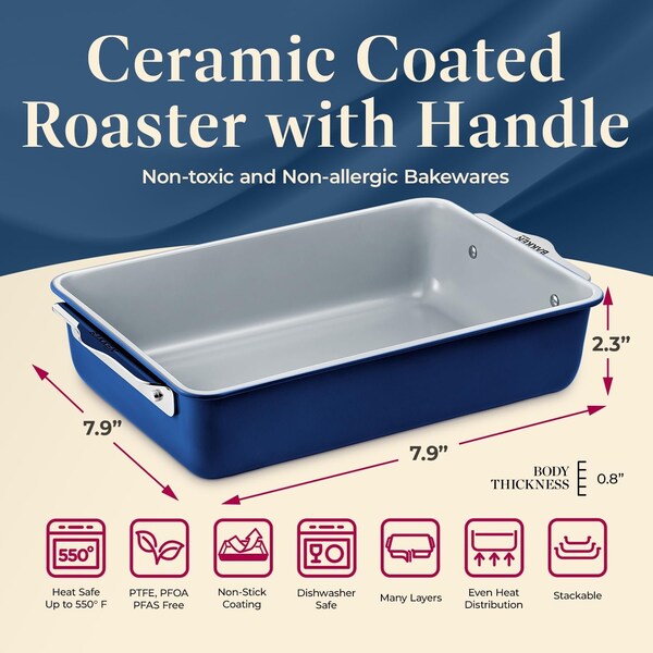 Bakken-Swiss Blue Roaster Pan, Aluminized Steel, Ceramic Non-Stick, PFOA and PFAS Free, Non-Toxic, Heavy-Duty - SBKCRSTBKBULROS