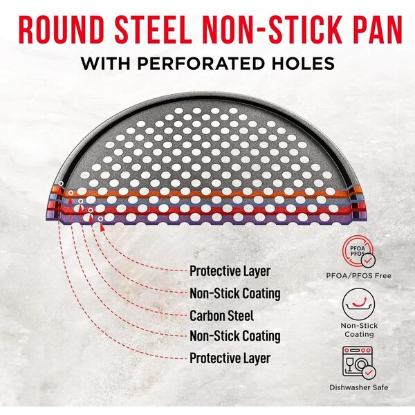 Bakkenmaster 13-Inch Non-Stick Pizza Pan with Holes, Carbon Steel, Perforated for Crisping, PFOA-Free - BAKPIZ19W