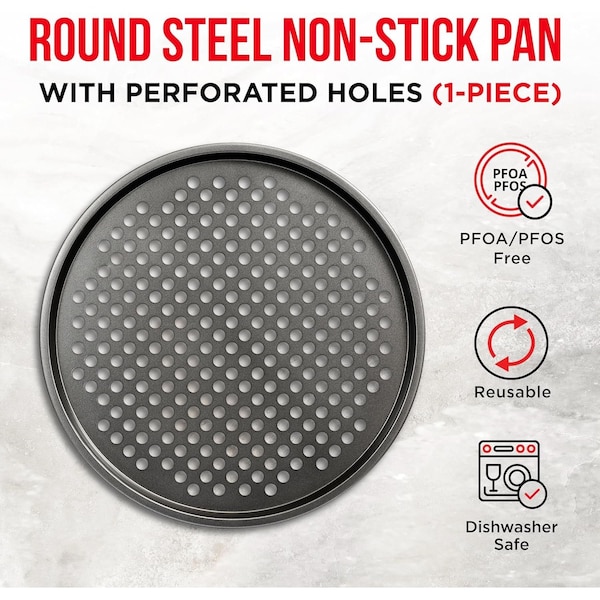 Bakkenmaster 13-Inch Non-Stick Pizza Pan with Holes, Carbon Steel, Perforated for Crisping, PFOA-Free - BAKPIZ19W