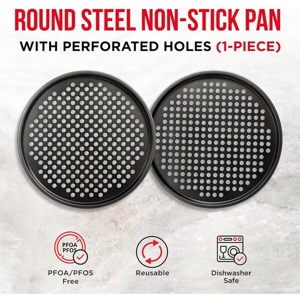 Bakkenmaster Bakken 13-Inch Non-Stick Pizza Pan with Holes, Perforated Carbon Steel, PFOA-Free, 2PK - BAKPIZ28W