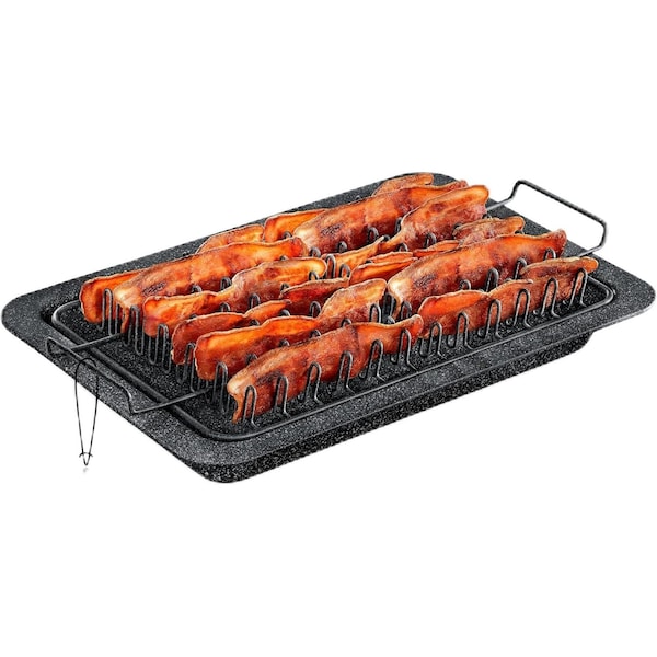 Bakken-Swiss Bacon Tray 2-Piece Set, Marble Coating, Durable Non-Stick Black Stone Tray with Carbon Steel Rack - BKBACN44