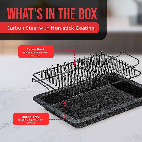 Bakken-Swiss Bacon Tray 2-Piece Set, Marble Coating, Durable Non-Stick Black Stone Tray with Carbon Steel Rack - BKBACN44
