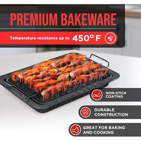 Bakken-Swiss Bacon Tray 2-Piece Set, Marble Coating, Durable Non-Stick Black Stone Tray with Carbon Steel Rack - BKBACN44