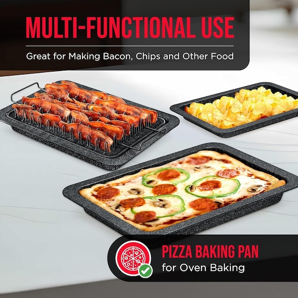 Bakken-Swiss Bacon Tray 2-Piece Set, Marble Coating, Durable Non-Stick Black Stone Tray with Carbon Steel Rack - BKBACN44