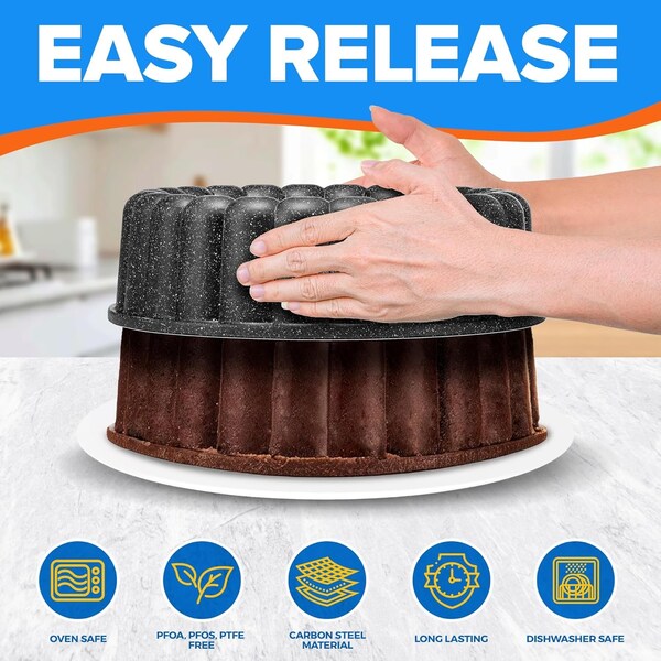 Emporio Kitchen Baking Pan Two-Layered Nonstick Gray Marble Coating Al. Fluted Cake Pans Oven Safe Up To 450 DegF - EMPKBTP152