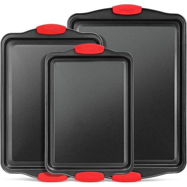 Bakkenmaster BAKKEN 3-Piece Cookie Sheets Set, Nonstick Carbon Steel, Silicone Handles, Non-Toxic, Black - BKB3SPS3