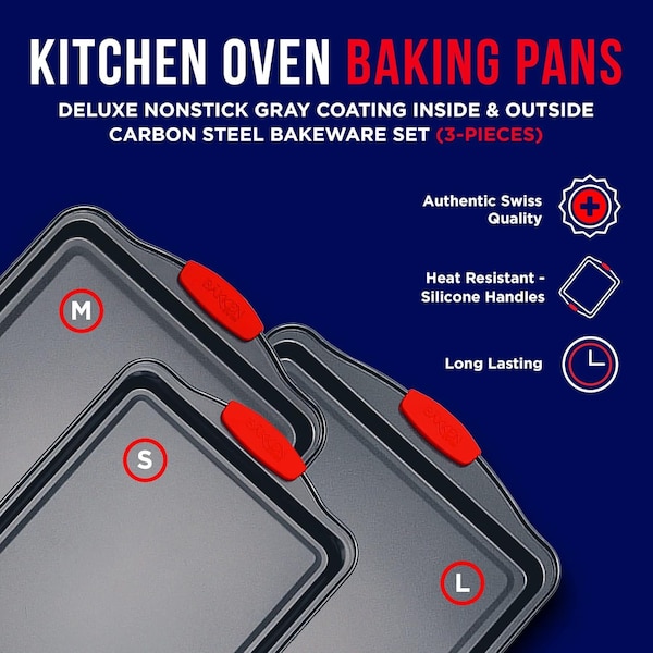 Bakkenmaster BAKKEN 3-Piece Cookie Sheets Set, Nonstick Carbon Steel, Silicone Handles, Non-Toxic, Black - BKB3SPS3