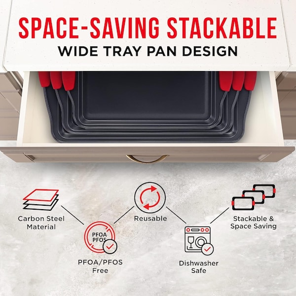 Bakkenmaster BAKKEN 3-Piece Cookie Sheets Set, Nonstick Carbon Steel, Silicone Handles, Non-Toxic, Black - BKB3SPS3