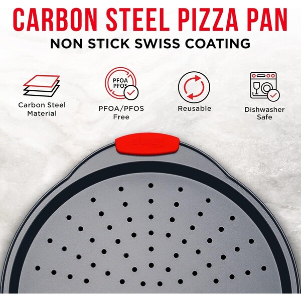 Bakkenmaster Pizza Tray, 2 Round Pans with Silicone Handles, Carbon Steel, Non-Stick, PFOA-Free, Bakken - BAKPIZA22