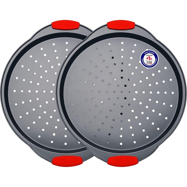 Bakkenmaster Pizza Tray, 2 Round Pans with Silicone Handles, Carbon Steel, Non-Stick, PFOA-Free, Bakken - BAKPIZA22