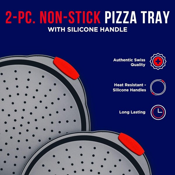 Bakkenmaster Pizza Tray, 2 Round Pans with Silicone Handles, Carbon Steel, Non-Stick, PFOA-Free, Bakken - BAKPIZA22