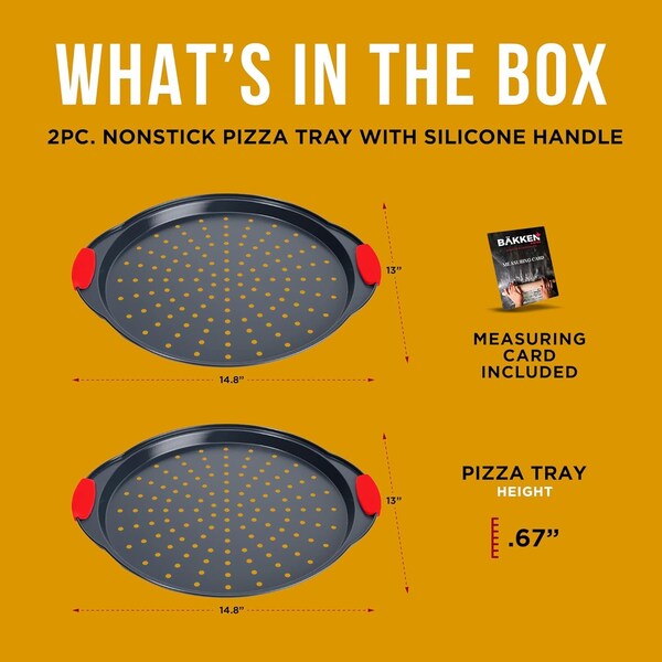 Bakkenmaster Pizza Tray, 2 Round Pans with Silicone Handles, Carbon Steel, Non-Stick, PFOA-Free, Bakken - BAKPIZA22